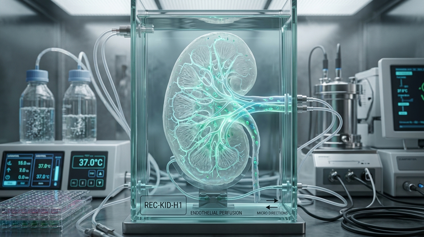 Decellularized whole-organ kidney scaffold undergoing microvascular endothelial perfusion