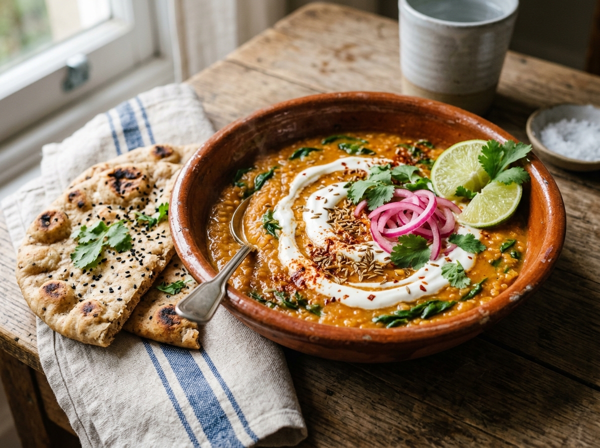 Velvety spiced coconut red lentil dhal with wilted spinach, fresh cilantro, lime wedge, and pickled red onions