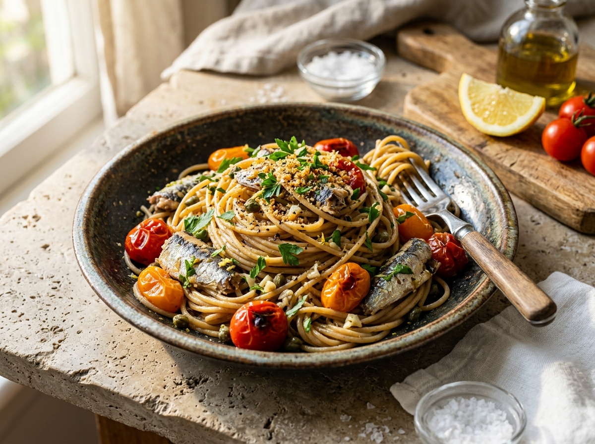 Mediterranean lemon-garlic wild sardine pasta with blistered cherry tomatoes, capers, and olive oil