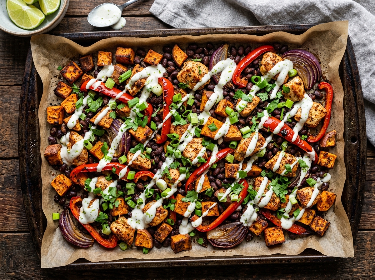 Caramelized sheet-pan roasted sweet potatoes, bell peppers, black beans, and spiced chicken with lime crema