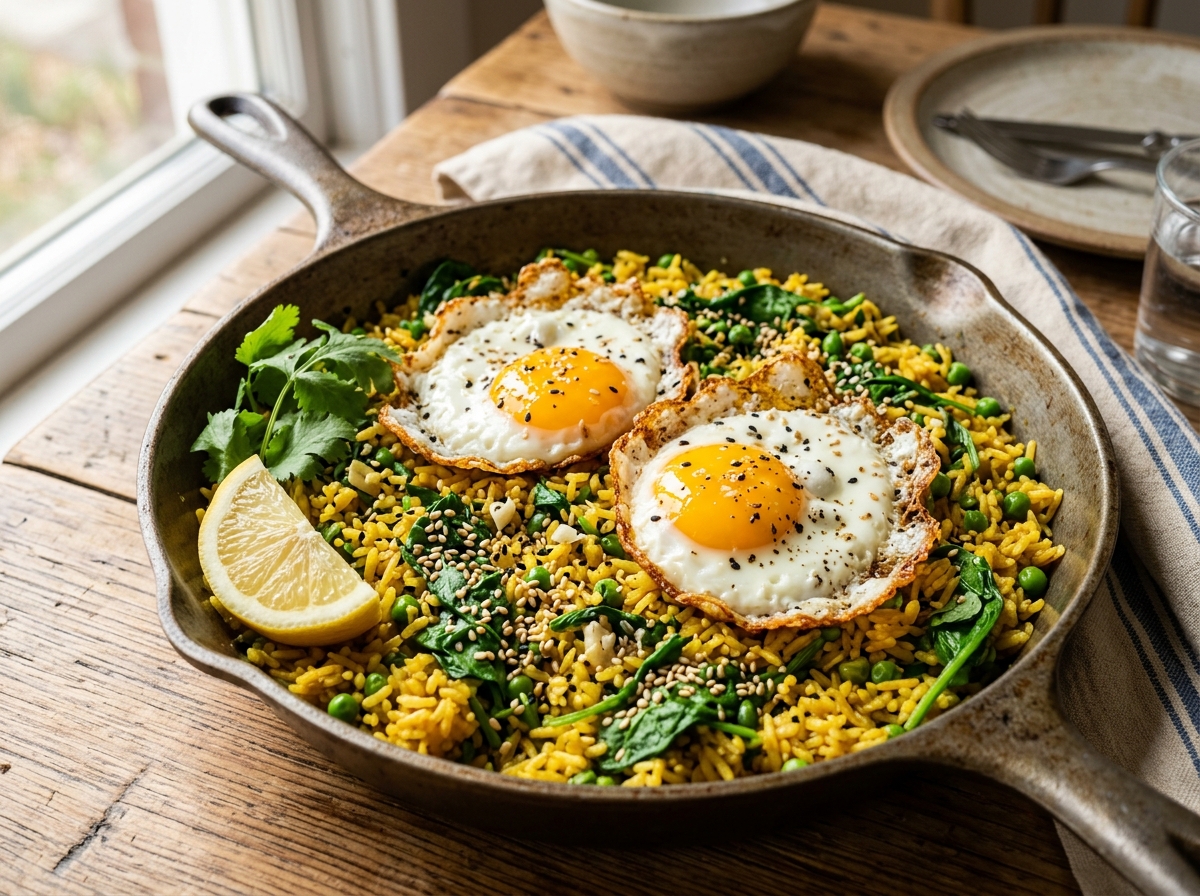 Golden turmeric garlic rice skillet with crispy sunny-side-up eggs, wilted greens, and toasted sesame seeds