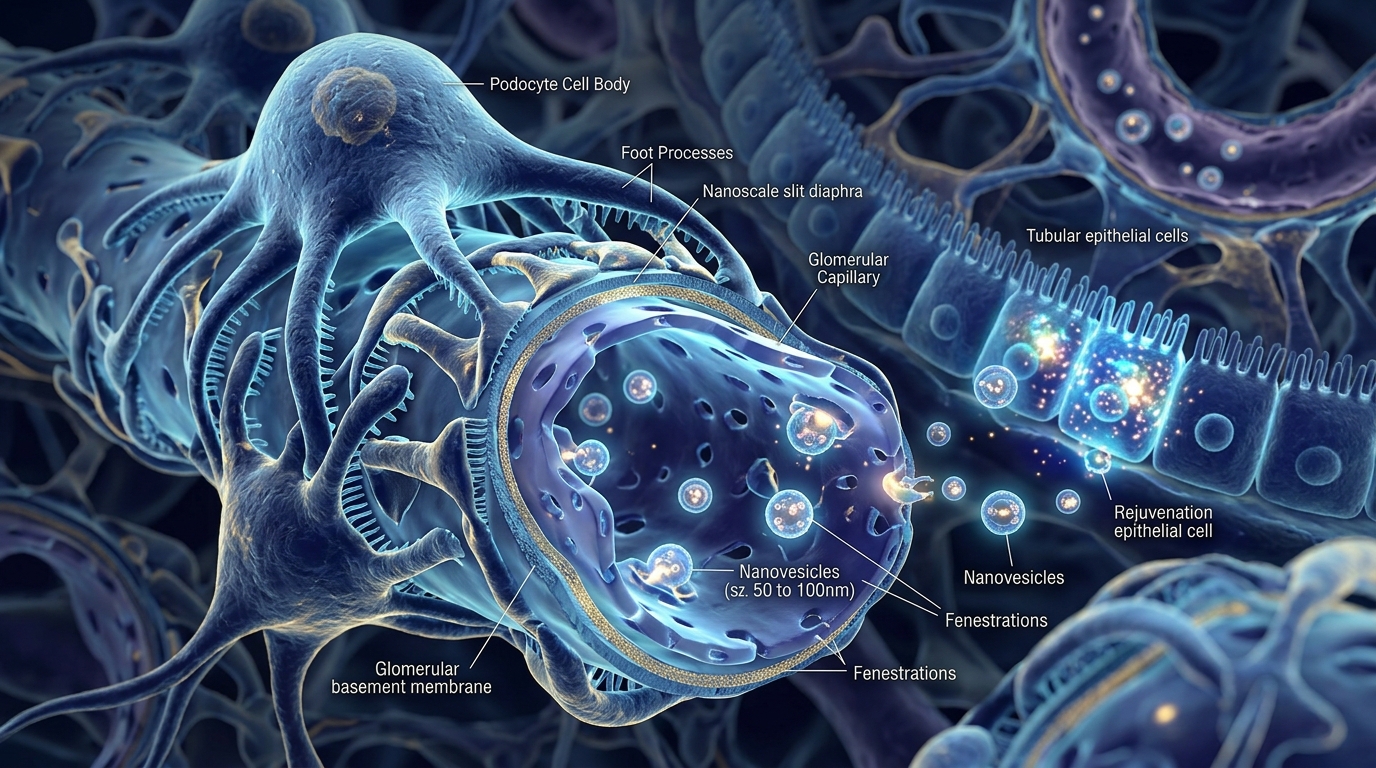 Microscopic 3D rendering of the glomerular podocyte filtration barrier and stem cell exosome repair