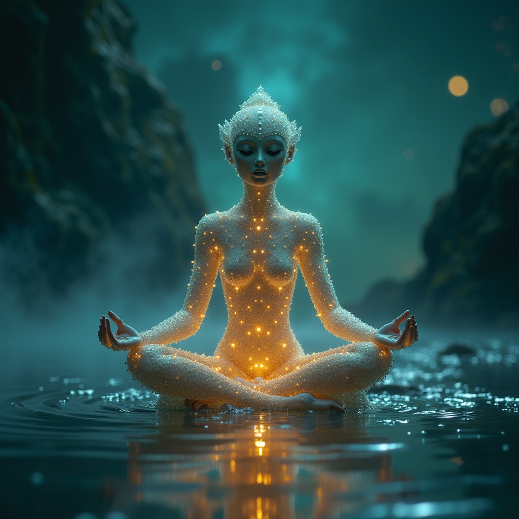 Hands lifted in a gentle mudra, chest softly open
