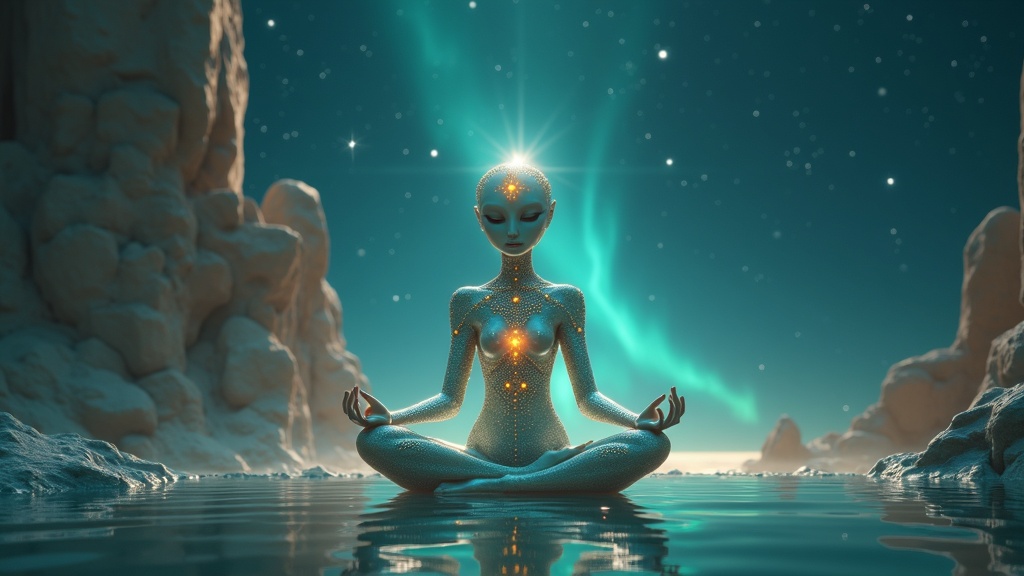 A gem-studded alien yogi sitting in meditation in a still cosmic oasis